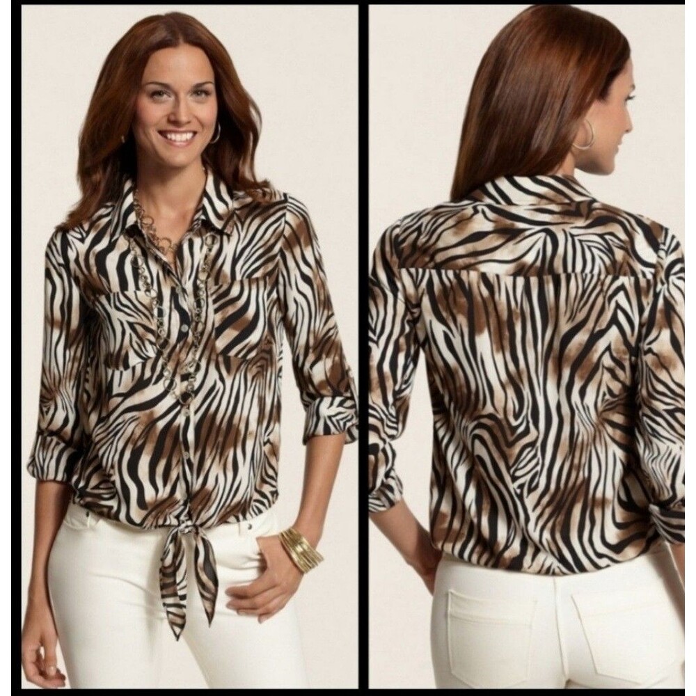 Chicos Tie Front Blouse Zebra Size 2 L XL Long Sleeve Button Up